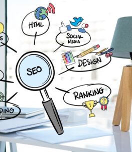 digital composite of business graphics with office background