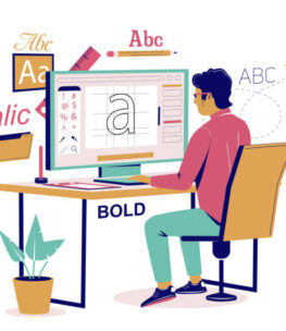 Graphic designer creating his own font using computer software sitting at desk, vector flat isometric illustration. Digital artist, illustrator at work. Graphic design creative professional workspace.
