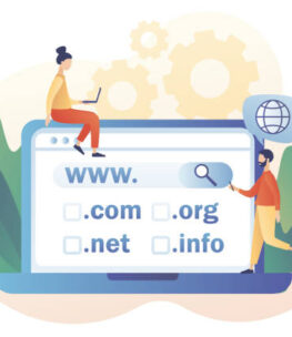 Tiny people choose, find, purchase, register website domain name on laptop. Domain registration concept. Online hosting service. Modern flat cartoon style. Vector illustration
